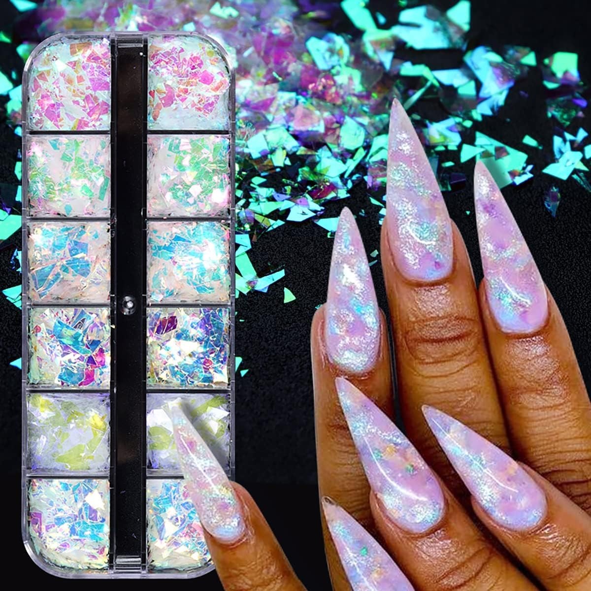 12 Colors Iridescent Ice Slag Nail Art Glitter Sequins for DIY Nail Designs