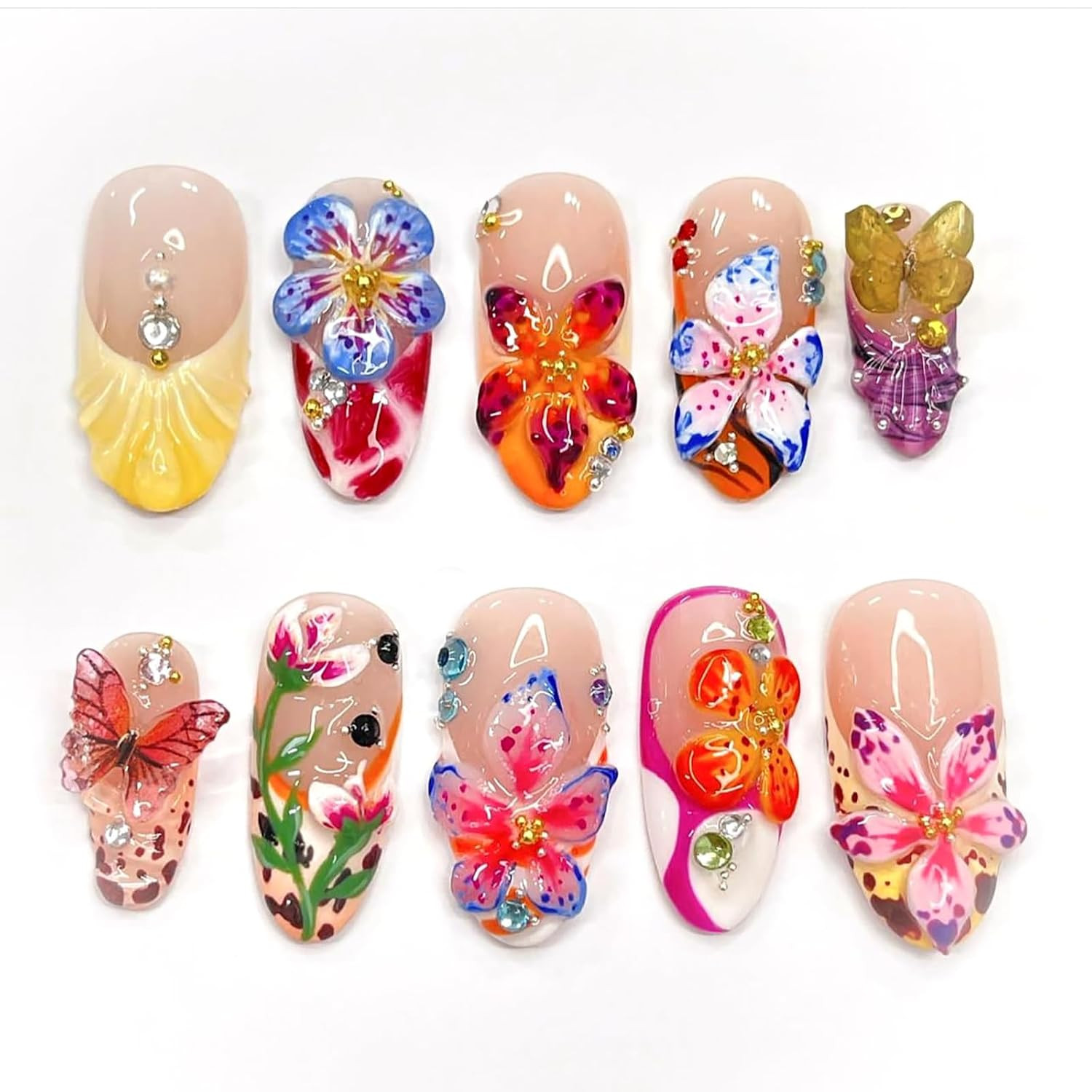HOSAILY 3D Flower Summer Press on Nails Medium Almond, 24Pcs Colorful Butterfly