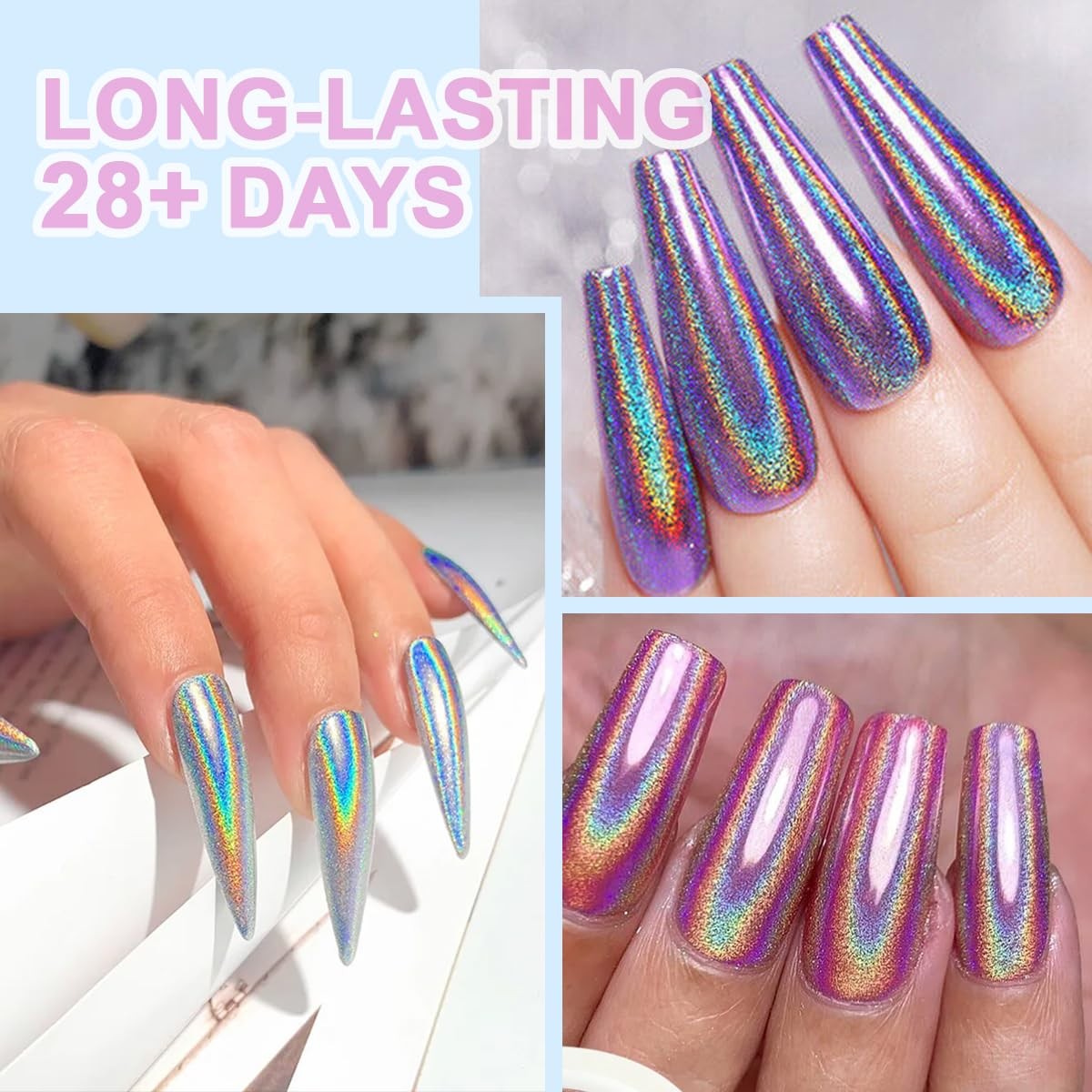 Furtherpretty Holographic Chrome Nail Powder, 10 Colors Metallic 10 colors