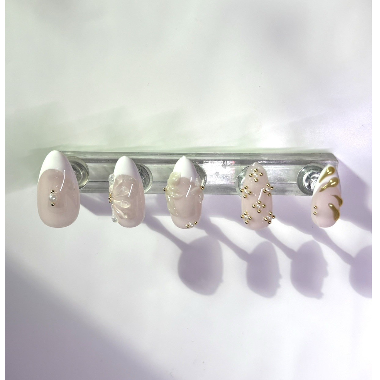 Press-On Nails White Nude Gold French 3D Full Cover Almond Long Pre-Designed Set
