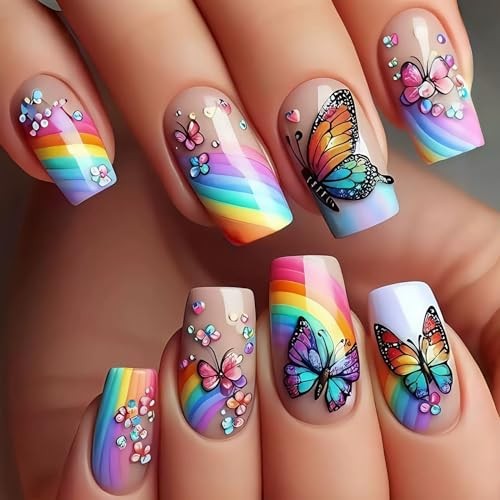 24Pcs Butterfly Press on Nails Medium Coffin Fake Nails Cute Little Spring