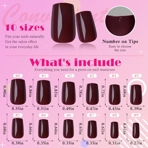 240pcs Burgundy Press on Nails Medium Square Fake Nails, Glossy Acrylic Press