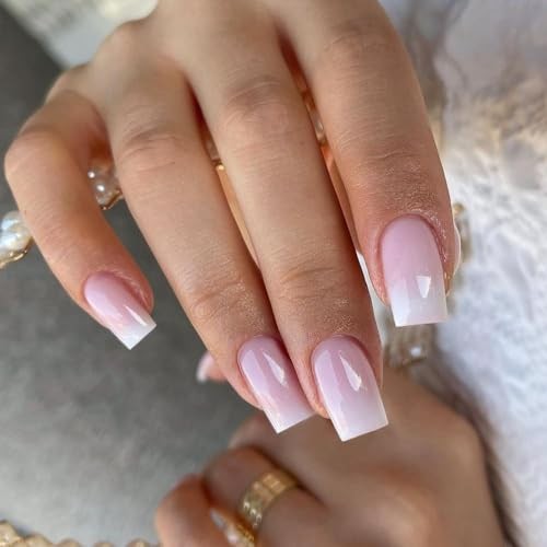 White and Pink Ombre Pink Press on Nails – Medium Square Glue – White and Pink