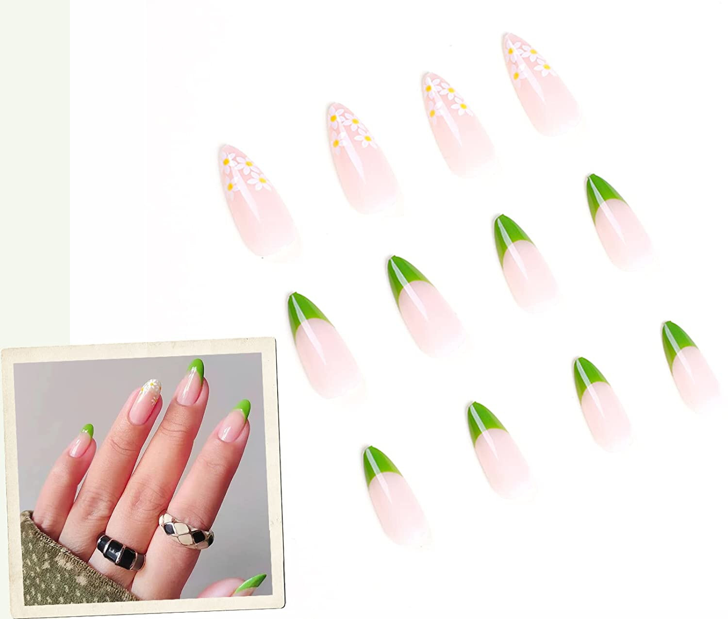 Nivyco Medium Almond Press on Nails Green, White and Yellow Daisy Flowers