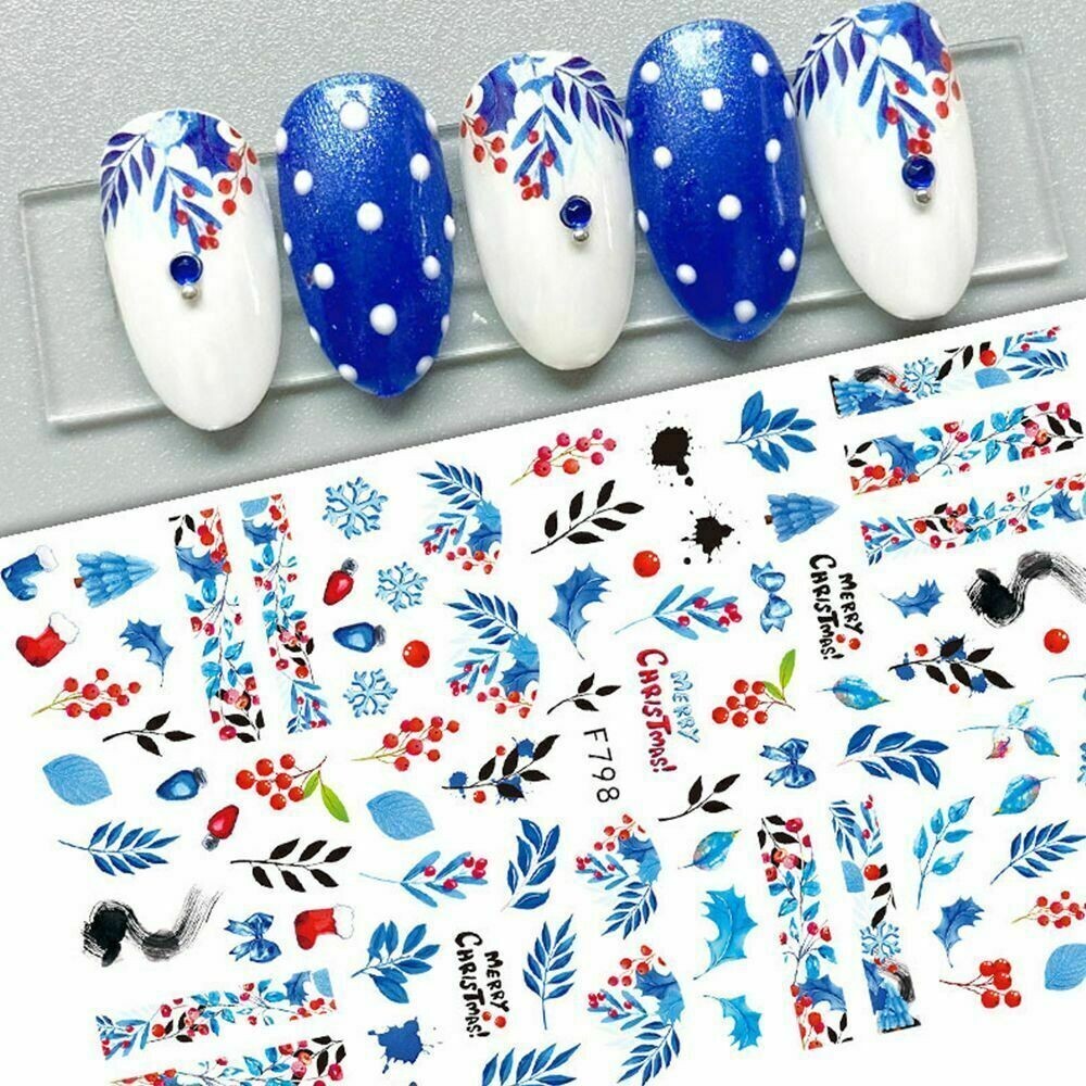 Nail Art Sticker Winter Snowflake Christmas Blue Fern Adhesive Slider Decal F798