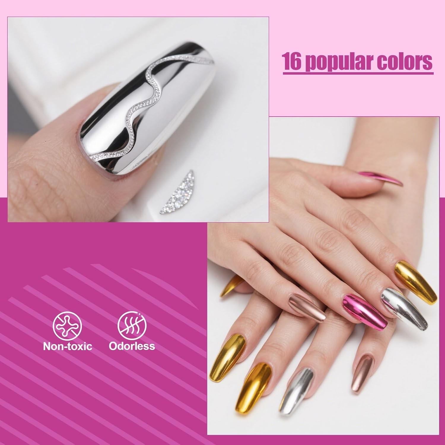 16 Jars Chrome Nail Powder Kit – Mirror Effect Pearl, Silver Metallic, Holograph