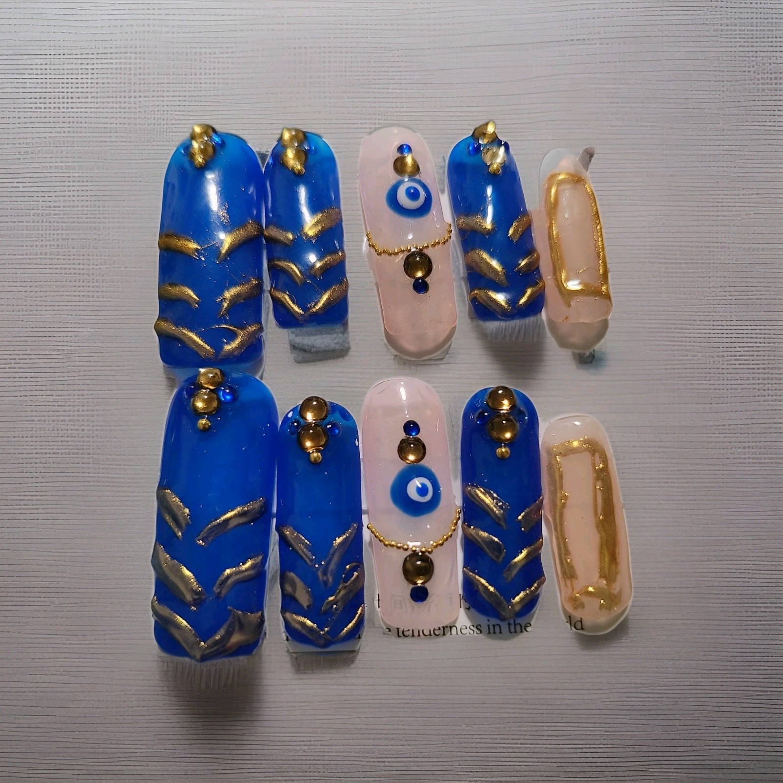 Long Square Blue Gold Nude 3D Evil Eye Press-On Nails Full Cover Pre-Designed