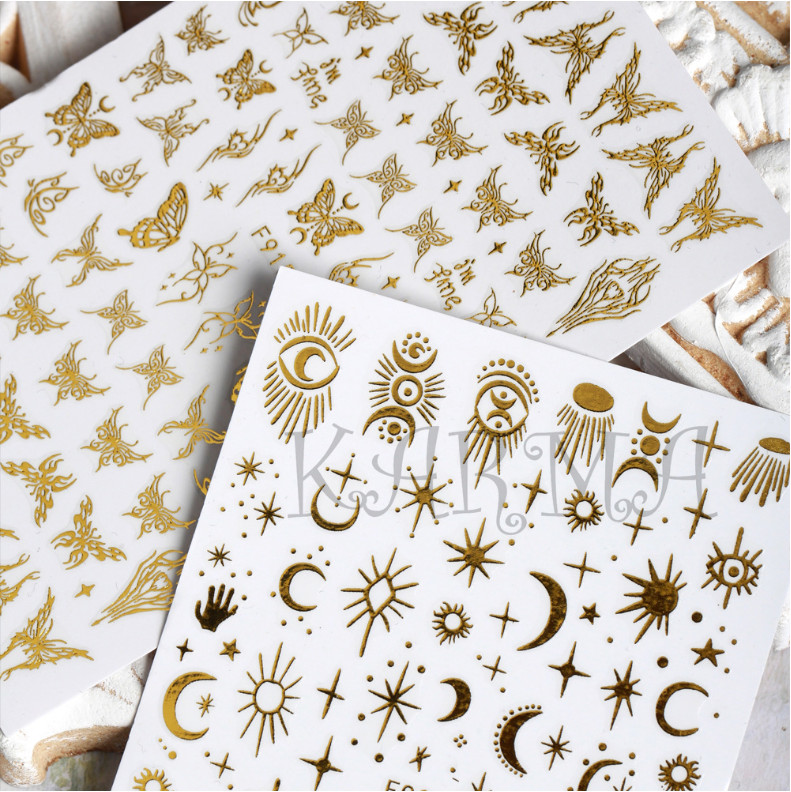 3D Gold Nail Stickers Bronzing Rose Snake Eyes Heart Moon Star Decorations NH22