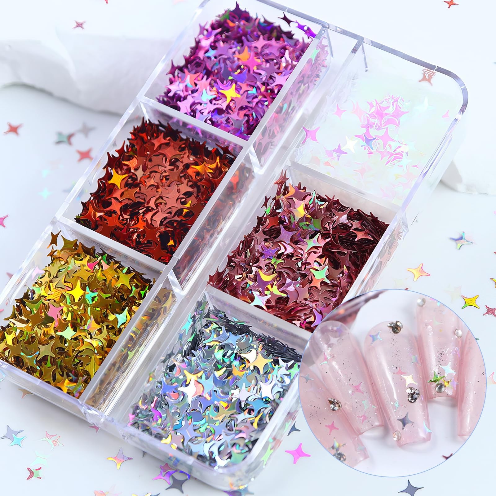 6 Grid Holographic Star Nail Glitter Set,3D Five-Pointed Star Sequins,Flakes …