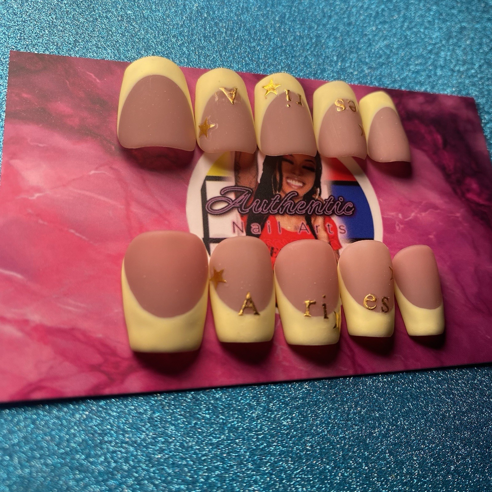 Authentic Nail Arts by Dia Square Press-On Nails Nude Yellow French 3D Zodiac