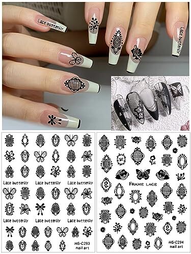 9 Sheets Lace Nail Art Stickers, Black Lace Flower Design 3D Self-Adhesive