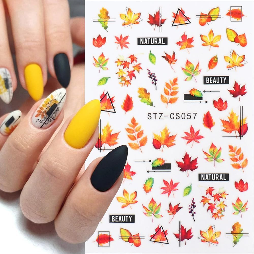 Maple Leaf Nail Art Stickers – Fall Nail Decals, Geometric Line Designs, Autumn