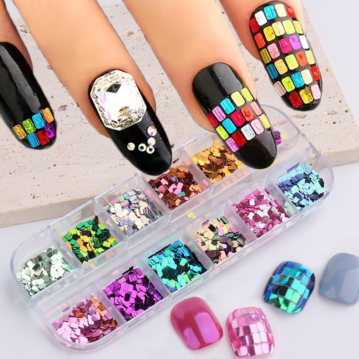 Square Glitter Nail Art Sequins, 12 Colors Rectangle Glitters Flakes Design, …