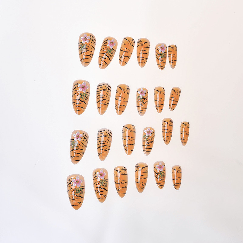 48Pcs-Long Almond Tiger Stripe 3D Pink Flower Fake Press on Nails Set