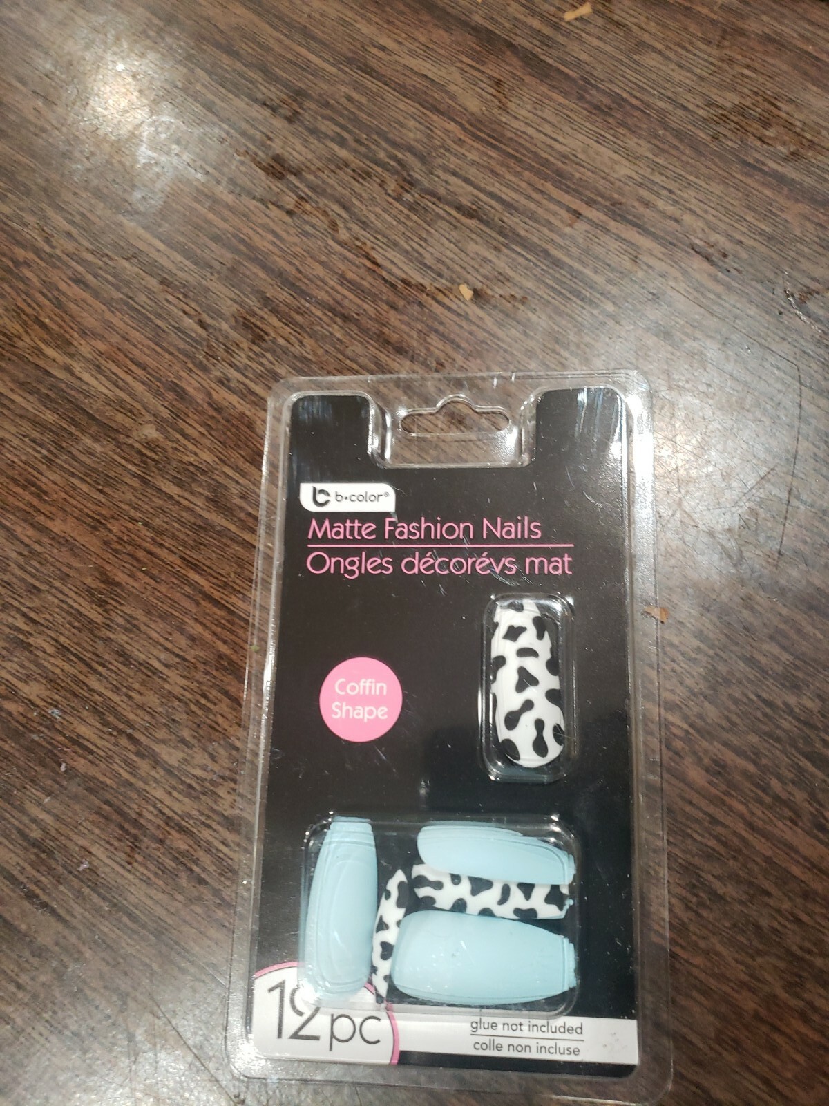 Fake nails:Blue&Cow Print Matte Coffin 12 PC.