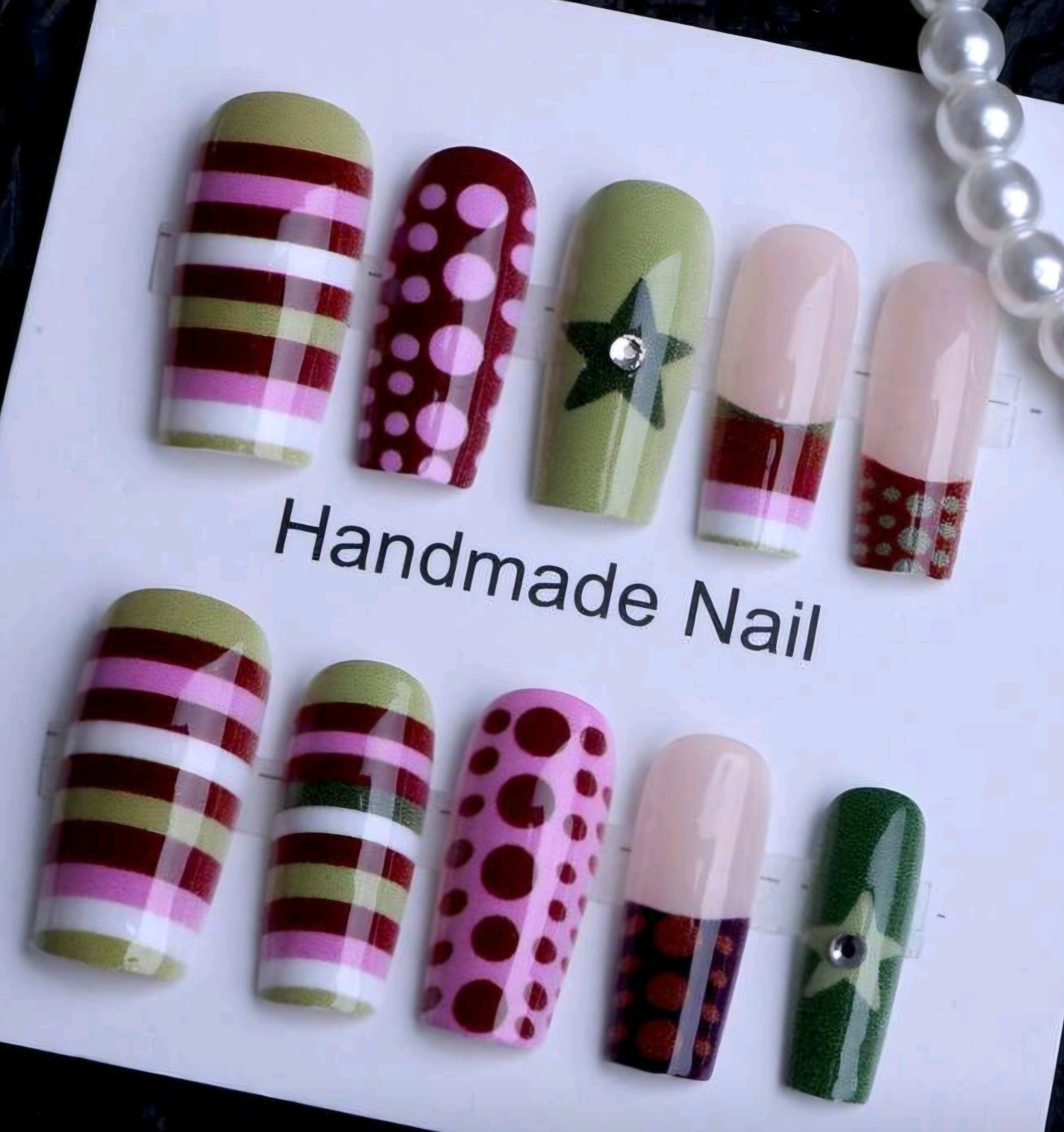 Press-On Nails Pop Art Stripes Dots Stars 3D Rhinestone Accents Long Coffin