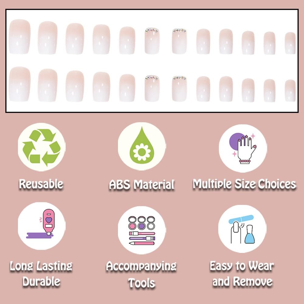 French Tip Press On Nails Ombre Square Glossy Fake Nails 24PCS