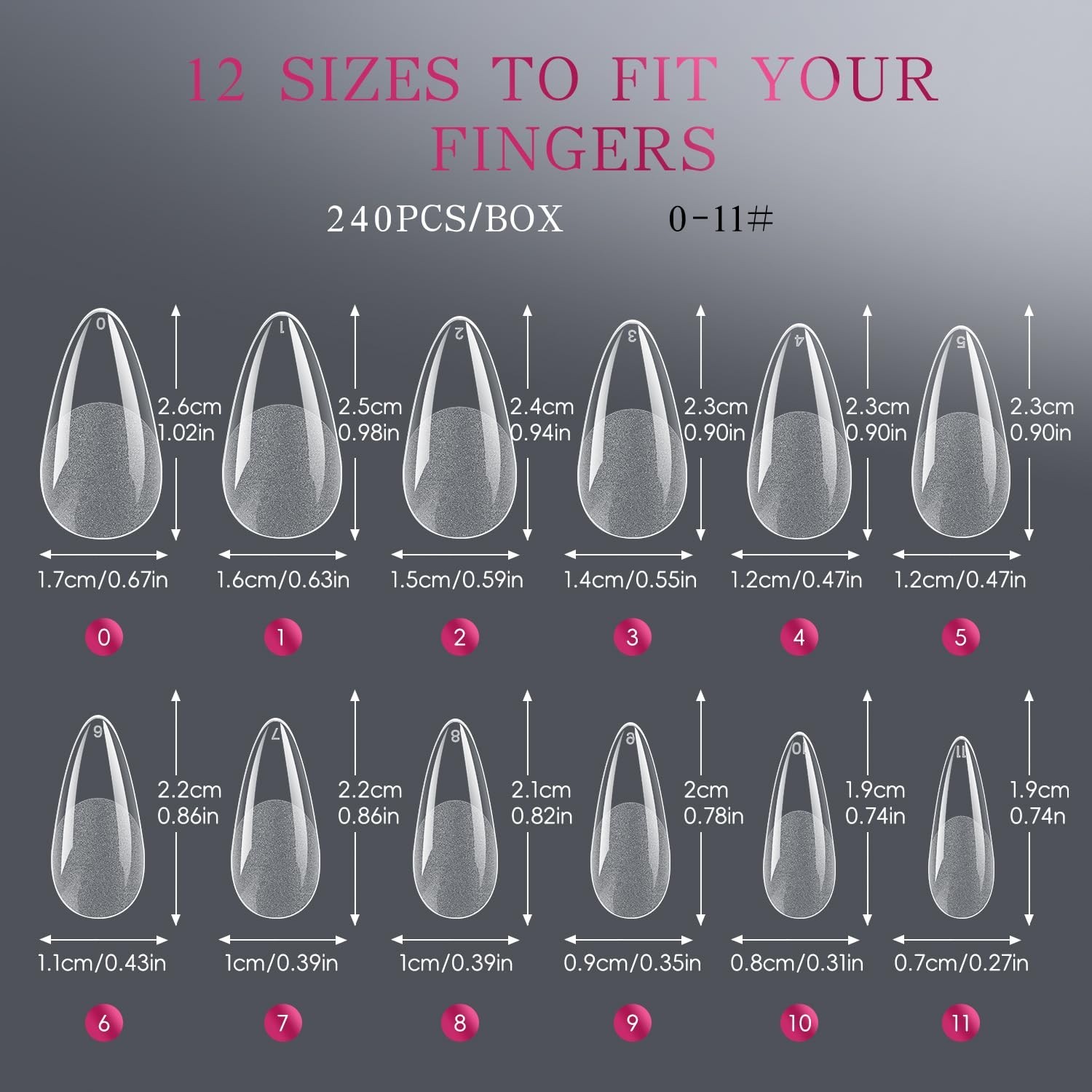 Professional 240Pcs Soft Gel Almond Nail Tips in 12 Sizes with Half Matte Finish