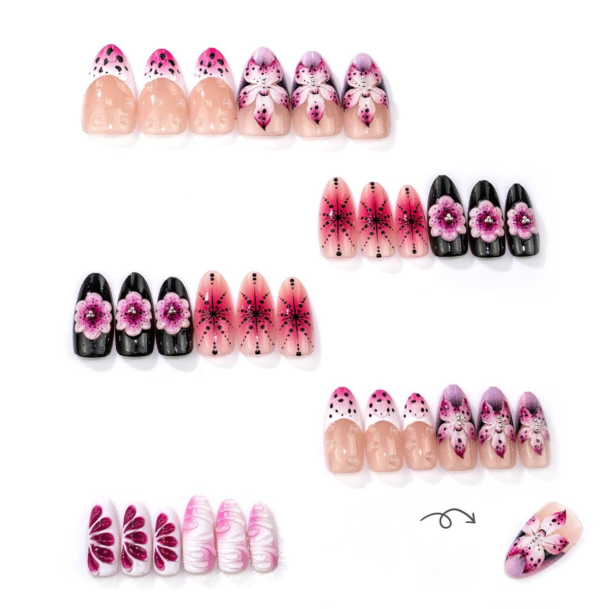 30Pcs 3D Flower Press on Nails Medium Almond Fake Nails Purple Pink Nude Gradien
