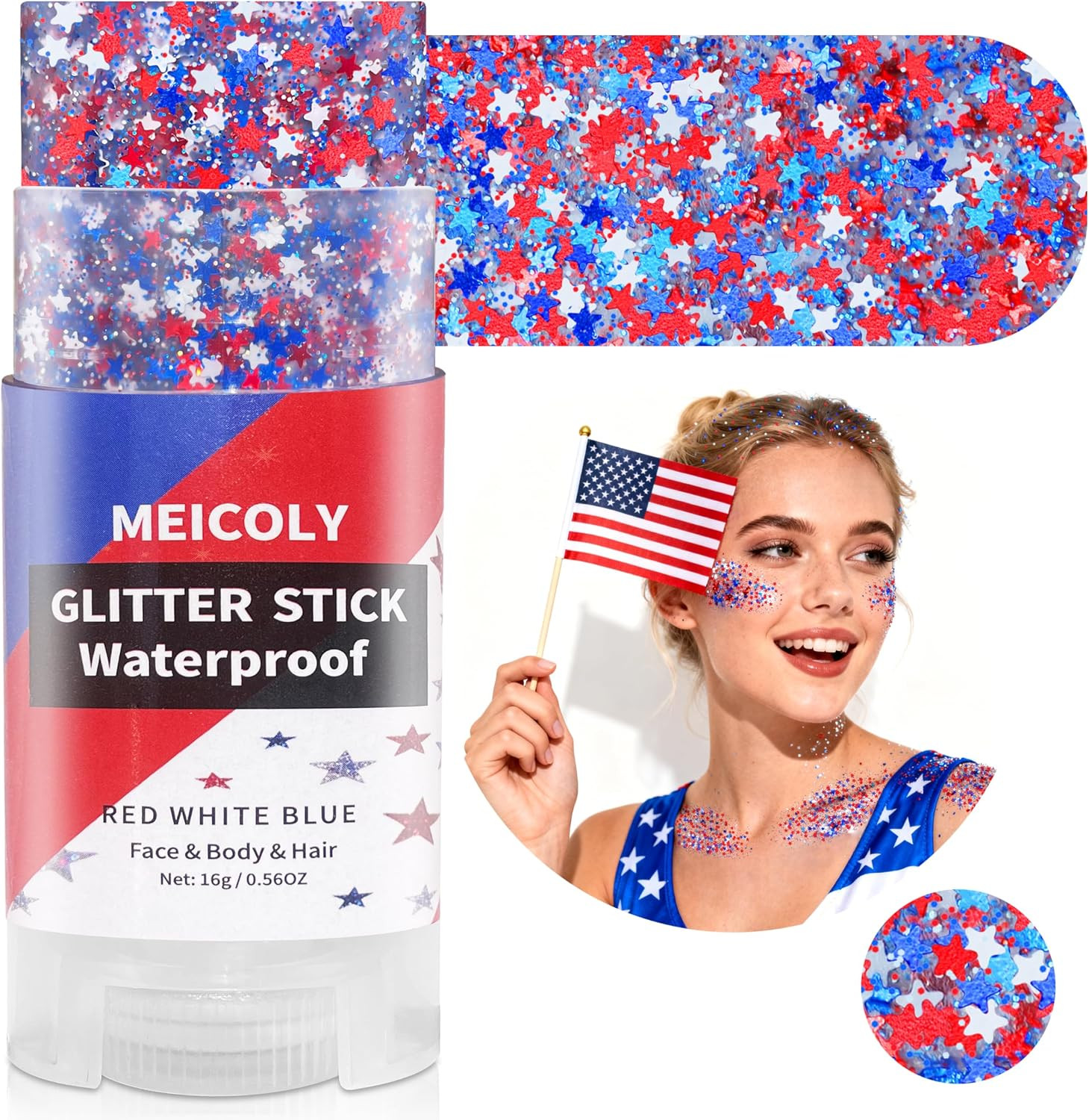 Red White and Blue Star Face Glitter Stick,4th of July Accessories for Women …