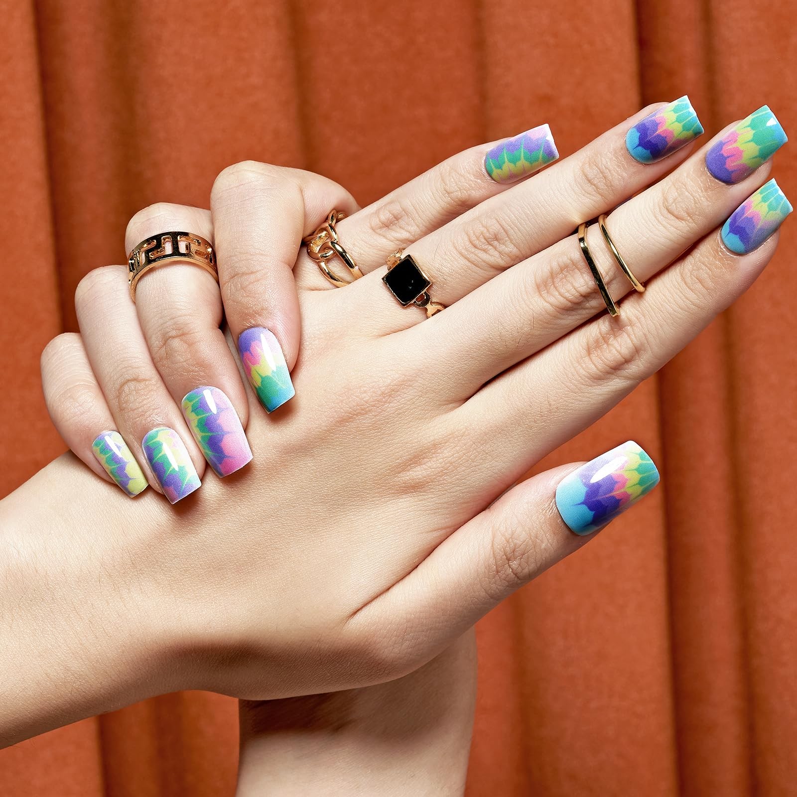 48Pcs Ombre Press on Nails Medium Almond, Tie Dye Fake Nails Short Stiletto, …