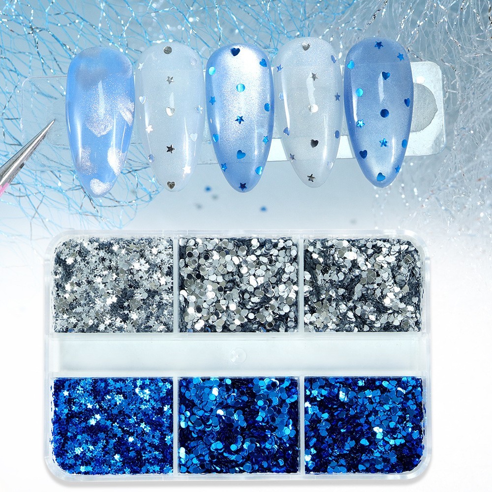 6Grids 1mm Mini Silver Blue Nail Glitter Sequins Mix Heart Star Flakes for Nails