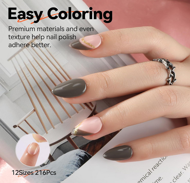 Short Almond Nail Tips 216pcs Clear Soft Gel Full Cover 12 Sizes DIY Set
