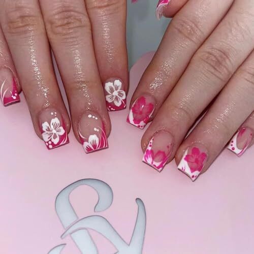 Short Press on Nails Square French Tip Fake Nails Full Cover Pink White A21