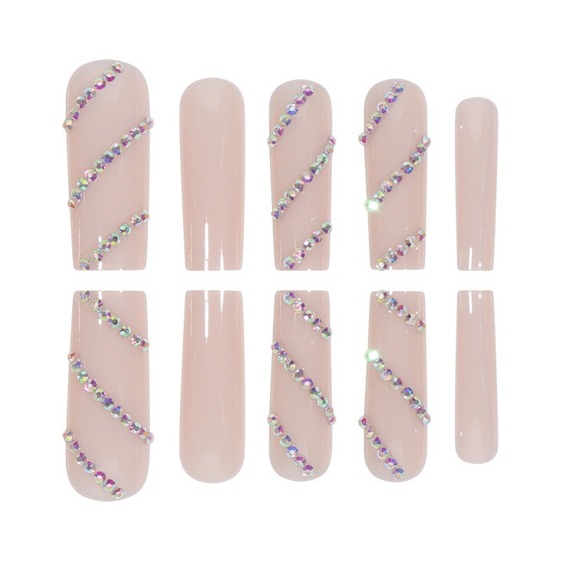 24pcs-Clear Nude Coffin Press on Nails with Wavy Multicolor Rhinestone Accents