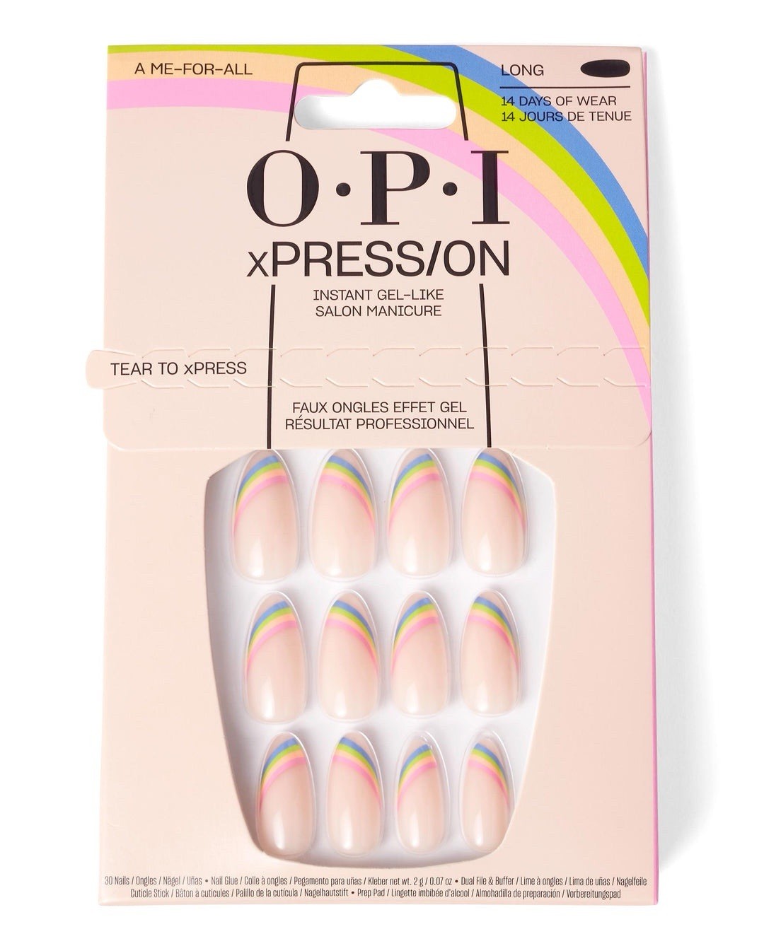 OPI xPRESS/ON Press-On Nails A Me-For-All Long Almond Rainbow Tip Gel-Like NIB