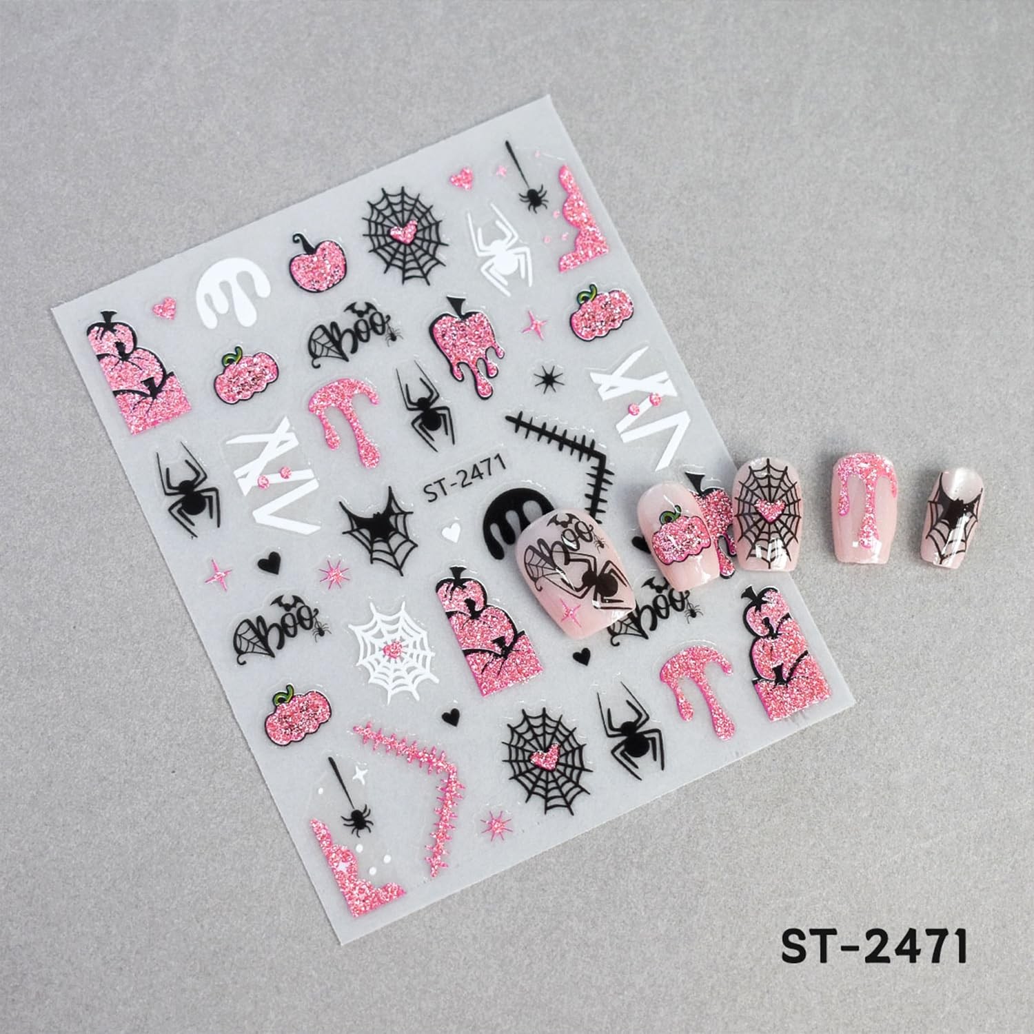 6 Sheets Halloween Nail Art Stickers Decals Pink Glitter Spider Blood Pumpkin…