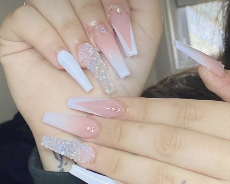 1 White Coffin Press on Set/ French Tip / crystal accent/ + 1 Free set !