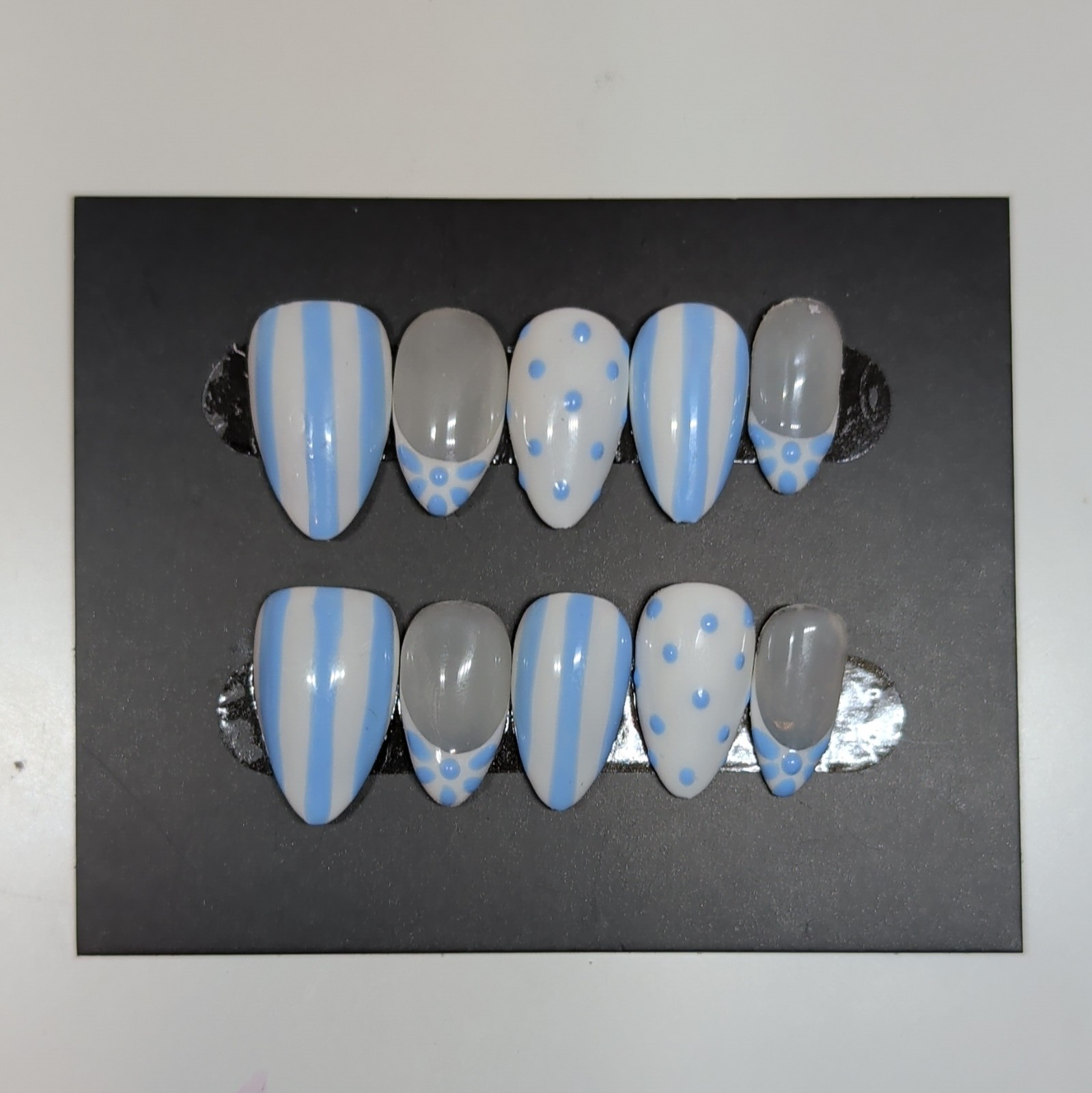 10 Piece Medium Almond Press-On Nails, Full Cover Shiny Blue White Polka!