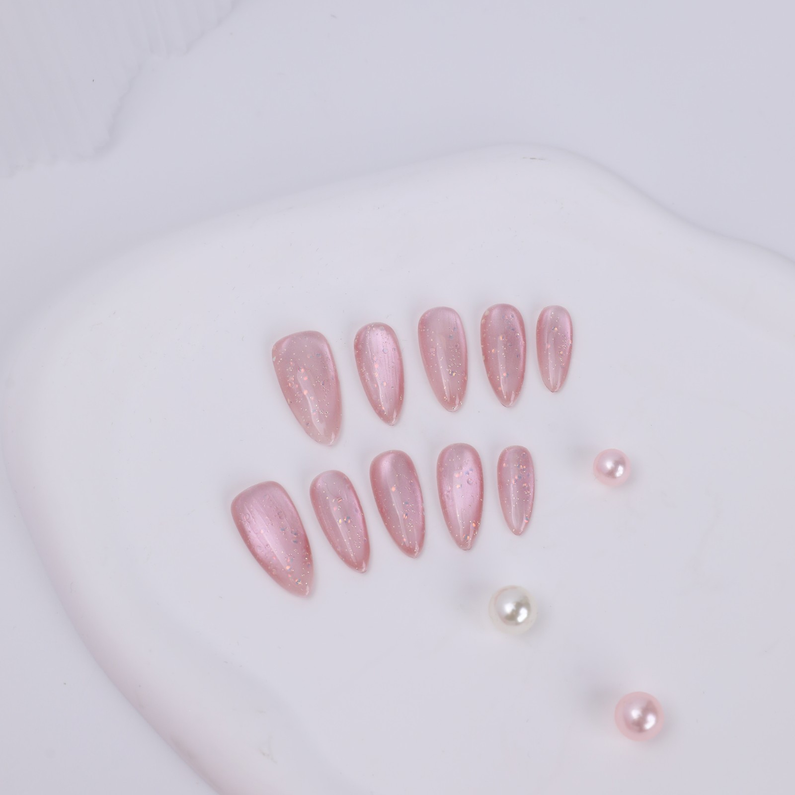 Sakura Pink Cat Eye Almond Press On Nails – Gold Foil Glitter Bridal False Nails