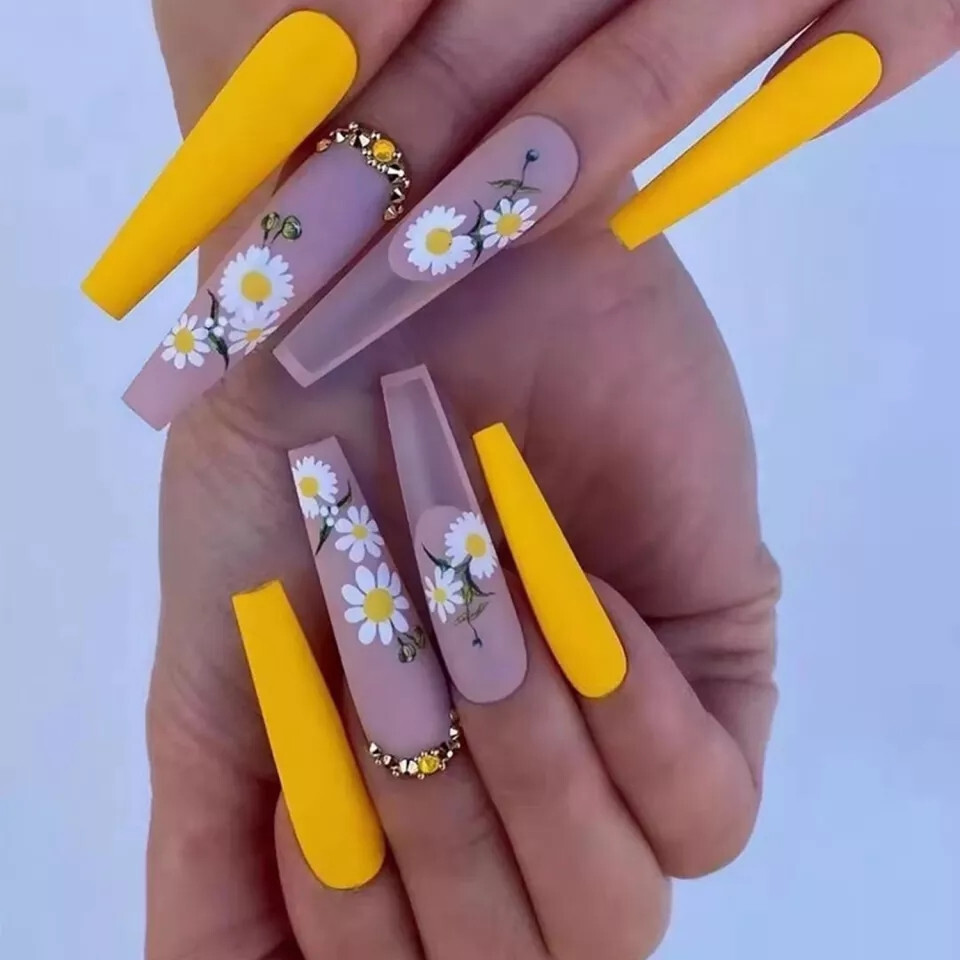 24 Press on nails Kit w Glue Sunflower yellow extra long gems matte clear flower