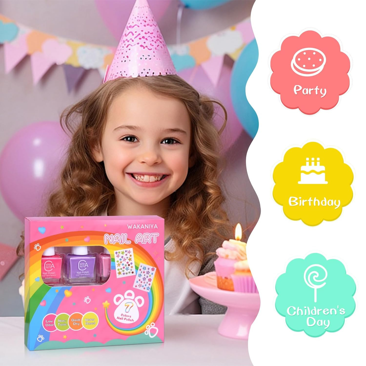 Kids Non Toxic Nail Polish Set for Girls with Gems Nail Stickers, 7 Color Peel-O