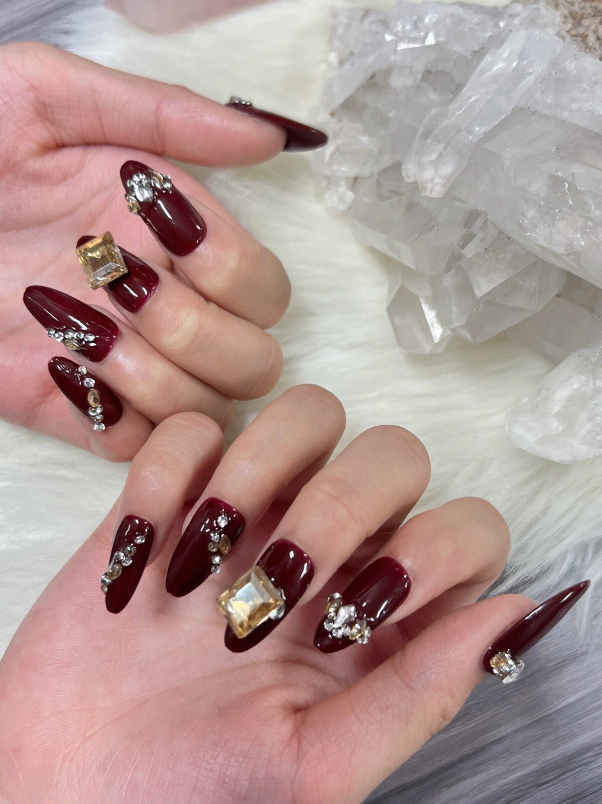 5Handmade Gel Press On Nails | Long Almond Brown Pretty Rhinestones Reusable