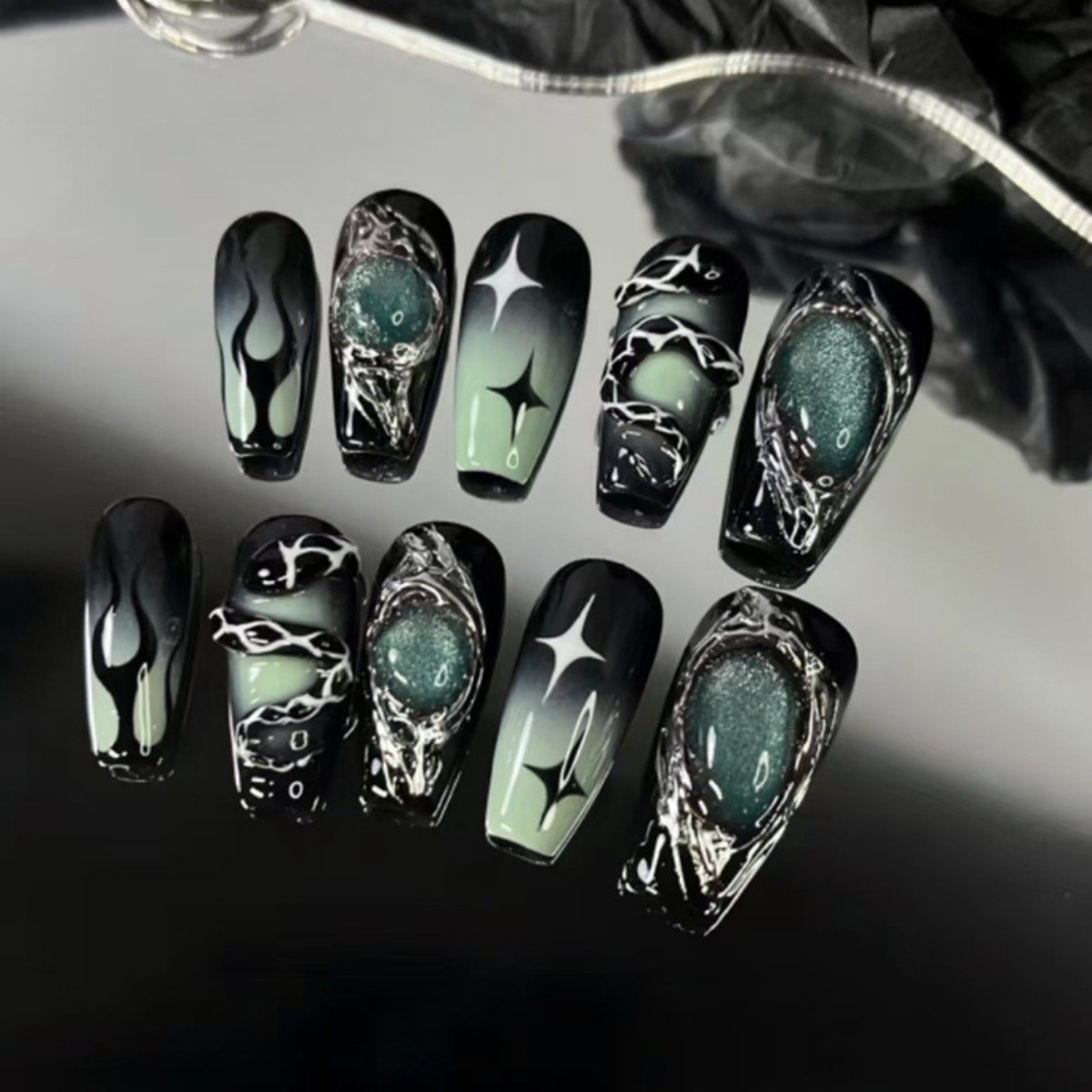 48p Long Taper Press on Nails, Black Green Gradient Silver Line Rhinestone Nails