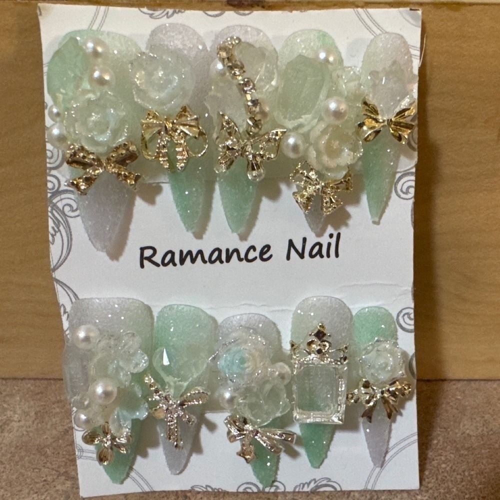 Ramance Nail Mint Green White 3D Press On Nails Stiletto Gold Bow Butterfly 10pc