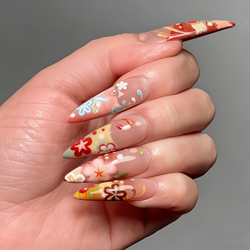48pcs Press on Nails Vibrant Texture Petal Press On Nails, Ultra Long Wearable