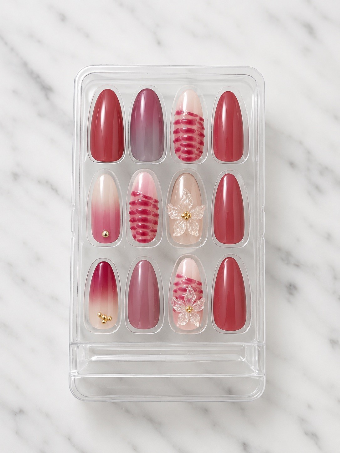 New Press On Nails Almond Medium Pink Burgundy 3D Flower Glossy Fake Nail Set