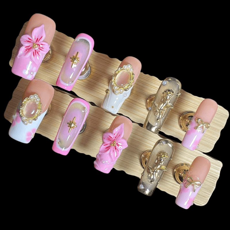 10Pcs Pink Rose Floral Press on Nails Rhinestone Pearl Bow Glam Fake Nails