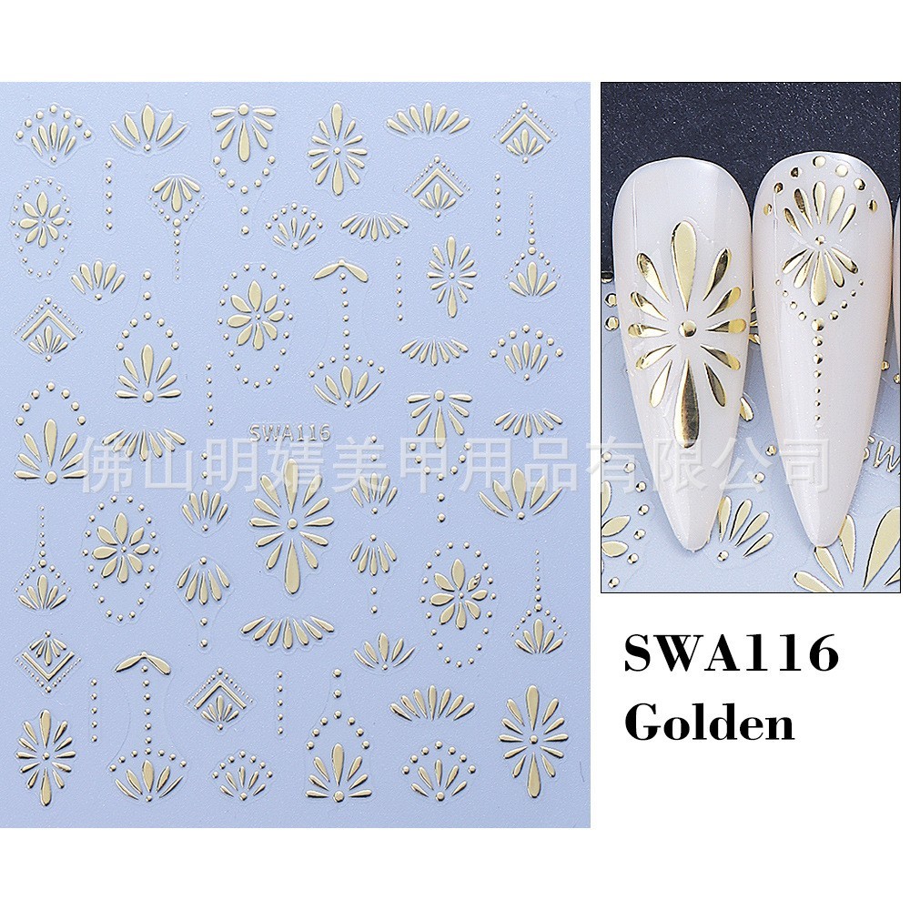 3 Sheets Bohemian Style Nail Stickers Gold Silver Blue Flower Petals Line NH28