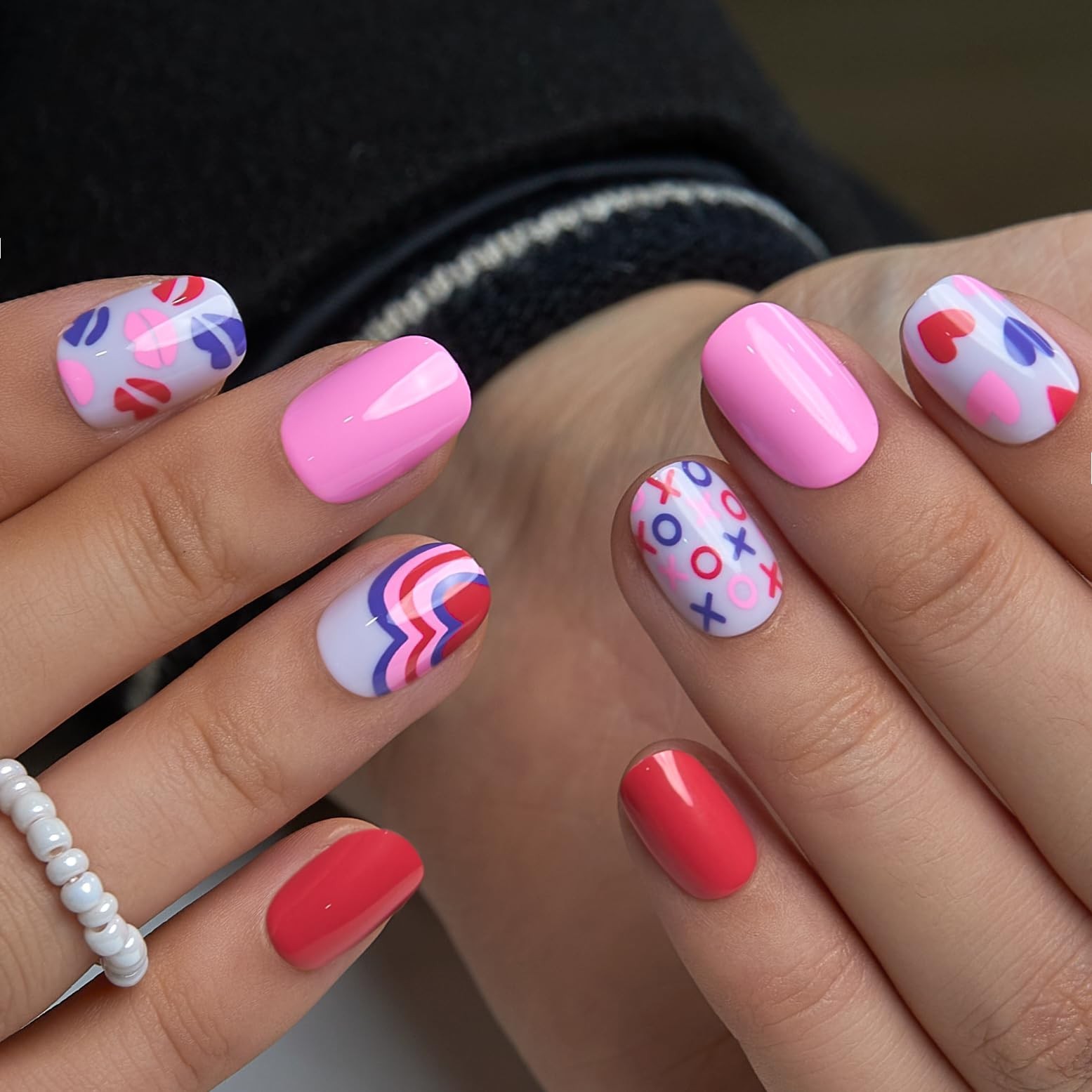 Extra Short Square Press On Nails – Pink Valentine Hearts, Glossy Love Kisses, L