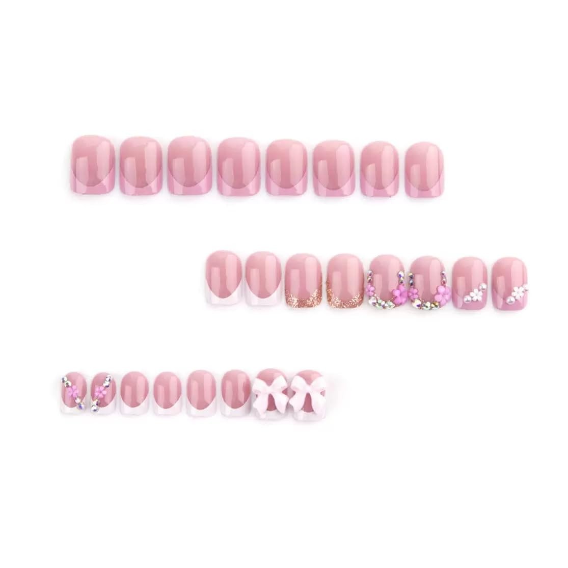 Press on Nails Square Fake Nails Short with 3D Bow Flower Charms Style22 Normal
