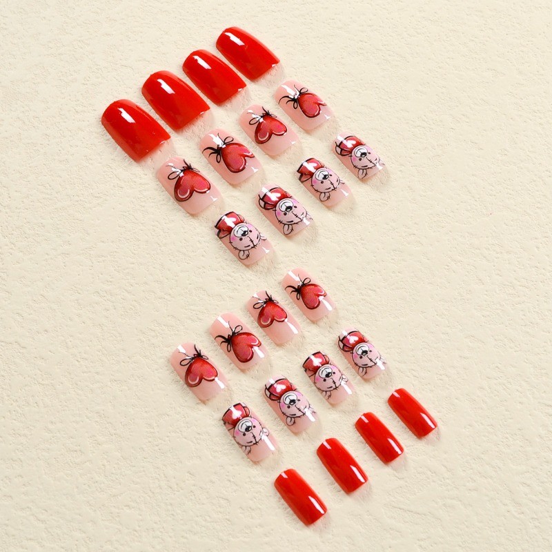 48PCS Cute Kawaii Bear Heart Bow Nail Reusable Fake Nail Art
