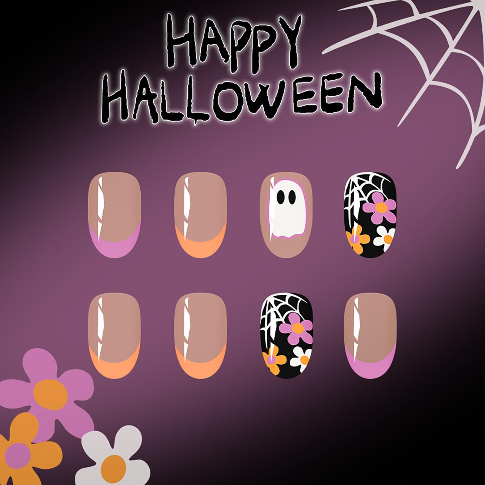 Halloween Press on Nails | Short Oval Fake Nails with Ghost Flower Bat Patter…
