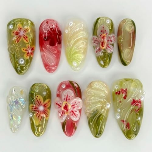 24Pcs Colorful Flowers Press on Nails Medium Almond Fake Nails 3D Floral-3