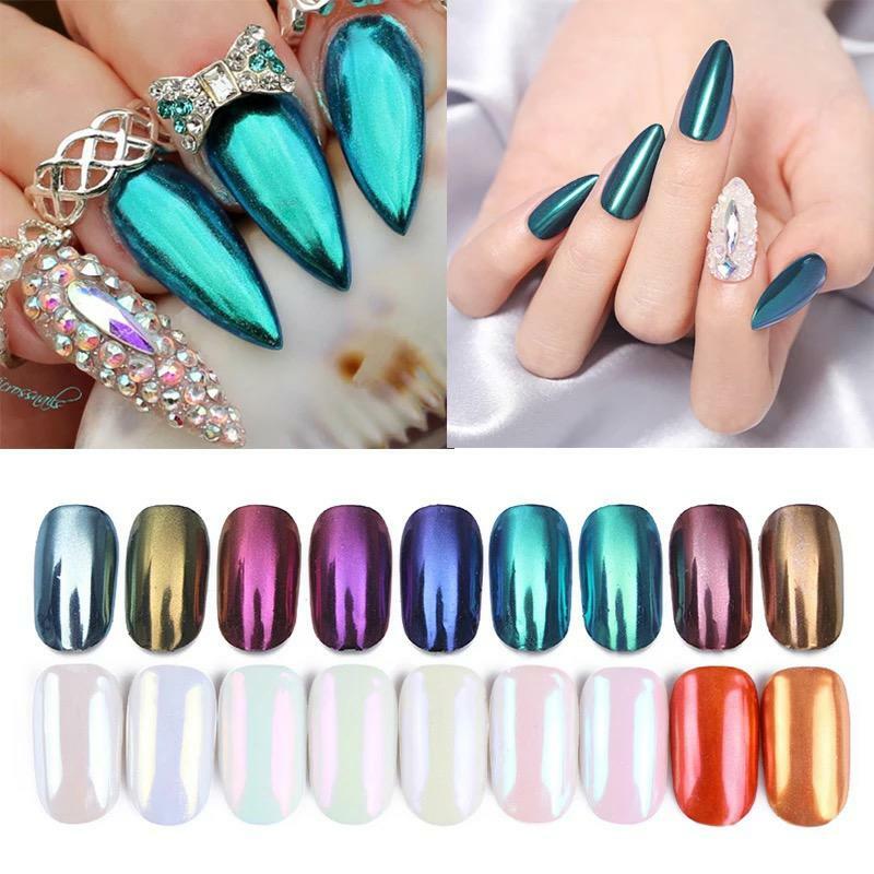 SALE! 5g MIRROR CHROME POWDER NAILS EFFECT AURORA COLOUR PIGMENT DUST + BRUSH