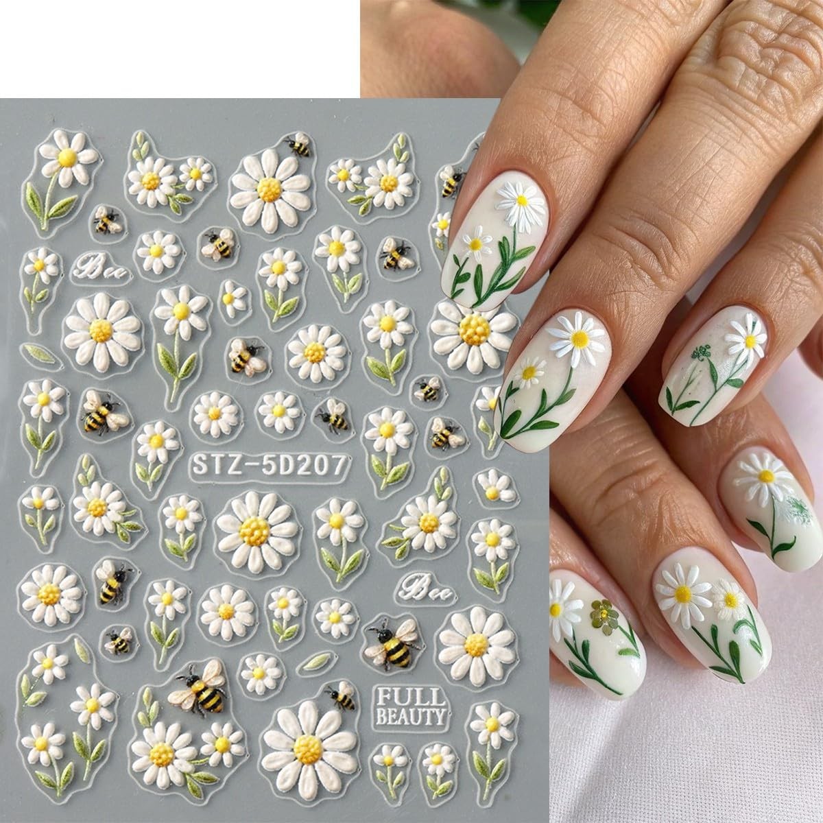 Summer Daisy Flower Nail Art Stickers 5D Embossed Nail Decals 2PCS Cute Bee L…
